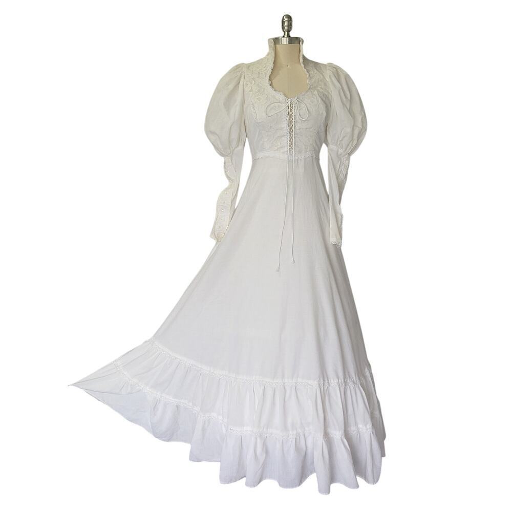 Gunne Sax Wedding Dress Size 11 M Corset White Puff Sleeves Vintage 70s - Picture 2 of 12